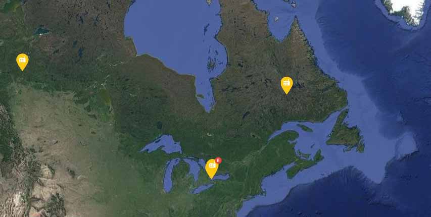 Mapa general de ubicación de las instalaciones del software de gestión de información de sensores SIMS3 de Canadá