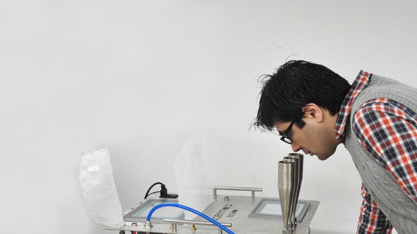 Panelist performing cannabis odour testing on a Scentroid SC300 olfactometer