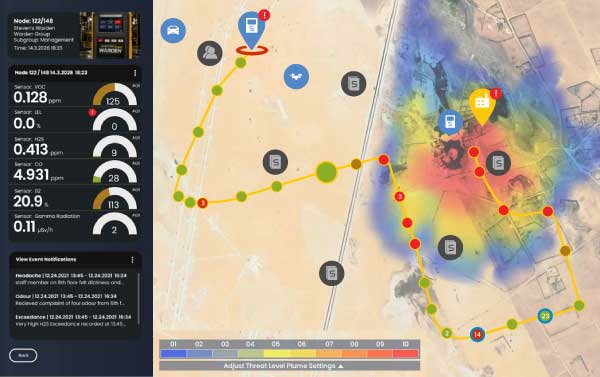 SIMS3 mission intelligence platform displaying real-time sensor data, GIS mapping, hazard visualization, and route tracking from the GV2000 CBRNE response robot