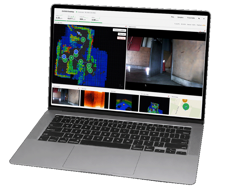 GV2000 Mission Control software displaying LiDAR mapping, thermal imaging, optical video feeds, GPS tracking, and real-time situational awareness