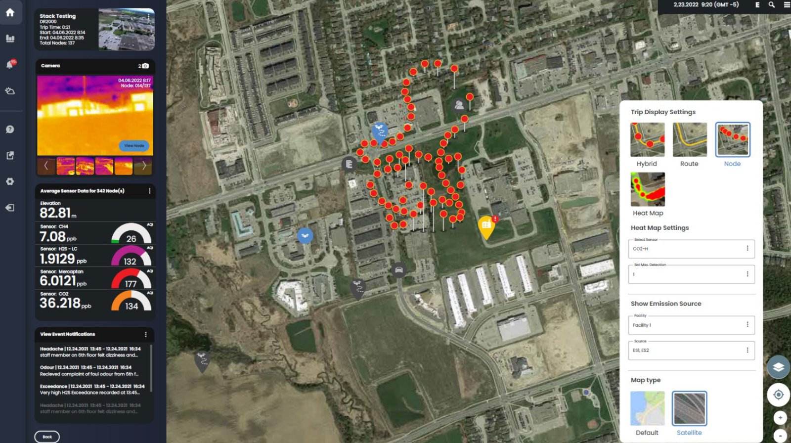 SIMS3 hotspot map showing geotagged DR2000 drone sampling points over an industrial site